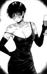  1girl absurdres breasts choker cleavage closed_mouth collarbone cowboy_shot cup dress drinking_glass elbow_gloves english_commentary glasses gloves greyscale hand_on_own_hip highres holding holding_cup jujutsu_kaisen large_breasts looking_down messy_hair monochrome out_of_frame scar short_hair simple_background single_bare_shoulder sleeveless sleeveless_dress solo spaghetti_strap strap_slip sweat white_background wine_glass zen&#039;in_maki zovokia 