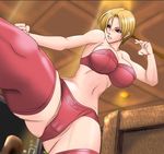  blonde_hair blue_eyes bra breasts fighting_stance foreshortening huge_breasts kicking king_(snk) lingerie mokusa panties partially_visible_vulva red_bra red_legwear red_panties ryuuko_no_ken short_hair snk solo the_king_of_fighters thick_thighs thighhighs thighs toned underwear underwear_only 