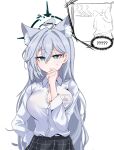  1girl ahoge animal_ear_fluff animal_ears black_skirt blue_archive blue_eyes blush breasts cleavage closed_mouth collarbone commentary_request dark_halo extra_ears grey_hair hair_between_eyes halo highres korean_commentary large_breasts long_hair long_sleeves looking_at_viewer mismatched_pupils multiple_views pleated_skirt shiroko_(blue_archive) shiroko_terror_(blue_archive) shirt simple_background skirt skyrain315 white_background white_shirt wolf_ears 
