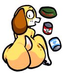 anthro big_butt bowl butt canid canine canis collar container domestic_dog female food_bowl hi_res lewdewott looking_at_viewer mammal markings martha_lorraine martha_speaks open_mouth pet_bowl rear_view sitting solo solo_focus spots spotted_body tail thick_thighs