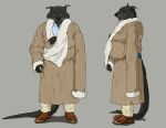 anthro belt binturong black_body black_fur black_nose brown_eye claws clothing collared_shirt dress_shirt dress_shoes fur hi_res male mammal model_sheet rahula_(xroshtag) robe shirt simple_background solo tail topwear viverrid whiskers xroshtag_(artist)