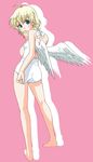  adjusting_clothes adjusting_swimsuit ahoge angel_wings ass barefoot blonde_hair casual_one-piece_swimsuit covering_mouth feet full_body halterneck mattaku_mousuke one-piece_swimsuit original shadow short_hair simple_background solo standing swimsuit wings 
