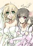  2girls akatsuki_kirika black_hair blonde_hair blunt_bangs breasts bridal_veil bride dress gloves green_eyes hair_ornament highres kanna_(plum) long_hair medium_breasts multiple_girls off-shoulder_dress off_shoulder pink_dress pink_eyes senki_zesshou_symphogear short_hair small_breasts strapless strapless_dress tsukuyomi_shirabe twintails veil wedding_dress white_dress wife_and_wife x_hair_ornament 