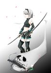  bare_shoulders boots bridal_gauntlets contrapposto ghost gloves gradient gradient_background hitodama katana konpaku_youmu konpaku_youmu_(ghost) midriff navel parted_lips petals profile sheath short_hair silver_hair skull solo standing sword thighhighs touhou tsukiyo_rei weapon 