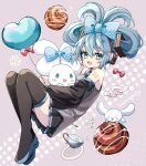  1girl :d animal_hug balloon bare_shoulders black_footwear black_skirt black_sleeves blue_bow blue_eyes blue_hair blue_necktie blush boots bow bowtie cinnamiku cinnamon_roll cinnamoroll collared_shirt cup detached_sleeves dot_nose floating frilled_shirt frills from_side grey_shirt hair_bow hair_ornament hatsune_miku headset heart_balloon highres knees_up legs_together long_sleeves looking_at_viewer microphone miniskirt naguno-0713 necktie number_tattoo open_mouth pink_background pleated_skirt polka_dot polka_dot_background polka_dot_bow red_bow sanrio saucer shirt short_hair sidelocks simple_background skirt sleeveless sleeveless_shirt smile solo tattoo teacup thigh_boots traditional_bowtie updo vocaloid 
