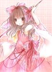  bow checkered checkered_background dress hakurei_reimu kasuga_sunao long_hair looking_at_viewer pink_bow pink_dress red_eyes rod solo touhou yellow_bow 