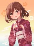  1girl brown_eyes brown_hair commentary_request cowboy_shot envelope floral_background floral_print gradient_background hair_ornament hairclip highres ikazuchi_(kancolle) japanese_clothes kantai_collection kimono mutou_seiichi obi orange_background otoshidama red_kimono sash short_hair solo 