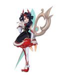  1girl artist_name black_dress black_hair detached_sleeves double_bun dress full_body fur-trimmed_sleeves fur_trim grin gwen_(league_of_legends) hair_bun hair_ornament hand_up holding holding_scissors kancho_(kan_cho) league_of_legends long_hair long_sleeves multicolored_hair red_eyes red_footwear red_hair red_lips scissors single_leg_pantyhose single_thighhigh smile solo standing teeth thighhighs two-tone_hair 