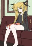  ^_^ animal arf bare_legs barefoot blonde_hair blush closed_eyes collarbone couch fate_testarossa frapowa hair_ribbon indoors long_hair long_sleeves lyrical_nanoha mahou_shoujo_lyrical_nanoha no_pants on_lap pink_ribbon ribbon sitting sleeping sleeping_upright solo sweater twintails window work_in_progress 