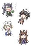  +_+ 4girls :&lt; :d absurdres ahoge animal_ears black_gloves black_hair black_shorts blue_cape blue_eyes brown_hair cape cheval_grand_(umamusume) chibi duramente_(umamusume) funamori gloves green_eyes hair_between_eyes hat highres holding horse_ears horse_girl horse_tail jacket kitasan_black_(umamusume) long_hair looking_at_viewer multicolored_hair multiple_girls necktie peaked_cap red_eyes sankakuhead_(style) satono_crown_(umamusume) sega_sammy short_hair shorts side_ponytail simple_background smile streaked_hair suspenders tail umamusume wavy_mouth white_background white_hair white_headwear white_jacket yellow_necktie 