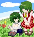  akasode_(tyaramu) antennae ascot bug butterfly cape closed_eyes dress flower green_eyes green_hair insect kazami_yuuka leaning_forward long_skirt mary_janes multiple_girls nature plaid plaid_skirt plaid_vest red_skirt shoes short_hair sitting skirt skirt_set smile sneakers touhou vest wriggle_nightbug 