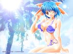  asuka_keisuke bikini blue_hair breasts highleg highleg_bikini huge_breasts lunar_wing one_eye_closed orange_eyes patti_(lunar_wing) short_hair side-tie_bikini solo swimsuit 