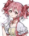  1girl :d blush bow brooch choker collarbone dot_nose finger_to_own_chin gloves grin hair_between_eyes hair_bow hand_up highres inu_totemo jewelry kaname_madoka mahou_shoujo_madoka_magica parted_lips pink_eyes pink_hair puffy_short_sleeves puffy_sleeves raised_eyebrows red_bow red_choker shirt short_sleeves short_twintails sidelocks simple_background smile solo sparkle twintails upper_body white_background white_gloves white_shirt 