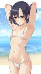  1girl armpits arms_behind_head arms_up beach bikini blue_sky blurry blurry_background blush breasts brown_eyes cloud collarbone commentary_request corrupted_twitter_file cowboy_shot day hair_between_eyes highres idolmaster idolmaster_cinderella_girls lens_flare letterboxed looking_at_viewer micro_bikini nagi_(shunsuke-manage) navel open_mouth outdoors outside_border purple_hair shiragiku_hotaru short_hair skindentation sky small_breasts solo standing stomach swimsuit white_bikini 