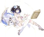  1girl bare_shoulders benghuai_xueyuan black_hair blue_eyes blue_hair book bracelet breasts bridal_legwear choker earrings floating floating_book floating_object flower full_body hair_between_eyes hair_flower hair_ornament honkai_(series) jewelry multicolored_hair navel official_art sandals seele_vollerei single_thighhigh smile thighhighs thighlet third-party_source transparent_background two-tone_hair 