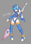  2024 absurdres android artist_name blue_eyes bodysuit crop_top denjyou23 fairy_leviathan_(mega_man) forehead_jewel helmet high_heels highres holding holding_weapon lance looking_at_viewer mega_man_(series) mega_man_zero_(series) polearm simple_background weapon white_bodysuit 