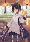  1girl alcohol argyle argyle_cutout beer beer_mug black_hair black_pantyhose black_shorts breasts brown_eyes character_doll clothing_cutout cup fate/grand_order fate_(series) hair_over_one_eye hairband highres jacket long_sleeves looking_at_viewer mole mole_under_eye mug off_shoulder open_clothes open_jacket open_mouth pantyhose pantyhose_under_shorts roy_(roy_pomu) shirt short_hair short_twintails shorts shoulder_cutout small_breasts smile solo thighs twintails white_jacket white_shirt xu_fu_(event_portrait)_(fate) xu_fu_(fate) yu_mei-ren_(fate) 