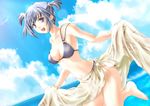  barefoot bikini blue_eyes blue_hair breasts cleavage cloud copyright_request day jpeg_artifacts medium_breasts print_sarong sarong sarong_lift sky soba_(saz) solo swimsuit yellow_sarong 