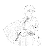  1girl armor breasts cosplay hagiwara_yukiho highres idolmaster monochrome shield short_hair skull slk_(drawfag) solo tree_of_savior 