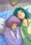  ashinano_hitoshi green_hair hatsuseno_alpha highres multiple_girls pajamas purple_hair sleeping takatsu_kokone yokohama_kaidashi_kikou 