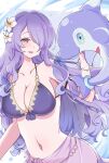  1girl absurdres alternate_color bare_shoulders bikini breasts camilla_(fire_emblem) camilla_(summer)_(fire_emblem) cleavage collarbone crossover fire_emblem fire_emblem_fates fire_emblem_heroes flower hair_flower hair_ornament hair_over_one_eye highres large_breasts long_hair looking_at_viewer navel official_alternate_hairstyle open_mouth palafin piyo_to_game pokemon pokemon_(creature) purple_eyes purple_hair purple_sarong sarong see-through_sarong shiny_pokemon swimsuit 