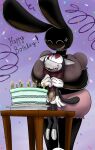 &lt;3 &lt;3_eyes 2019 3_toes 4_fingers 7:11 anthro barefoot between_breasts big_breasts big_eyes biped birthday_cake birthday_candle black_blouse black_body black_clothing black_ears black_fur black_mouth black_nose black_tail black_text black_tongue black_topwear blouse bodily_fluids bottomwear breast_squish breasts butt button_(fastener) cake candle cat_tail character_birthday clothed clothed_anthro clothed_female clothed_male clothing colored confetti countershade_face countershading dessert digital_drawing_(artwork) digital_media_(artwork) domestic_cat drooling duo english_text exclamation_point eye_contact eyelashes eyes_closed feet felid feline felis female female_anthro fingers food front_view full-length_portrait fur gloves handwear happy_birthday holding_character inky_(thatoneaceguy) lagomorph larger_anthro larger_female leporid lit_candle looking_at_another looking_down looking_down_at_another looking_up looking_up_at_another male male/female male_anthro mammal markings midriff noseless open_mouth open_smile pink_bottomwear pink_clothing pink_shorts pink_tongue portrait prick_ears purple_background rabbit red_clothing red_heart red_shirt red_topwear saliva shaded shirt shorts simple_background size_difference smaller_anthro smaller_male smile snaggle_tooth squish standing tail tan_bottomwear tan_clothing tan_shorts text thatoneaceguy thick_thighs toeless_(marking) toes tongue topwear wavy_mouth white_background white_body white_clothing white_countershading white_gloves white_handwear white_inner_ear white_markings white_toes