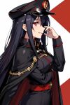  absurdres ai-generated black_cape black_hair cape hat highres long_hair military_hat military_uniform non-web_source original profile red_eyes smile uniform 