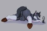 anthro ass_up balls big_butt black_body black_fur black_hair bodily_fluids butt butt_focus equid equine fan_(object) fur genitals gloves_(marking) hair hi_res hoak_(artist) hooves horse joel_breton leg_markings lying male mammal markings on_front rear_view simple_background socks_(marking) solo sweat underhoof white_markings