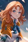  1girl annette_fantine_dominic blue_eyes brooch capelet commentary dress fire_emblem fire_emblem:_three_houses grin highres jewelry leonmandala long_hair long_sleeves looking_at_viewer orange_capelet orange_hair smile solo upper_body white_dress 