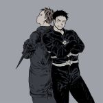  2boys aikawa_(dorohedoro) artist_request back-to-back black_hair blush colored_tips couple crossed_arms dorohedoro facial_mark feet_out_of_frame grin light_blush looking_at_another looking_back male_focus multicolored_hair multiple_boys no_eyebrows risu_(dorohedoro) smile standing thick_eyebrows yaoi 