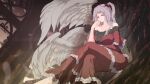  1girl angel_wings bow capelet cleavage_cutout clothing_cutout demon_wings dress feathered_wings grey_eyes grey_hair hair_bobbles hair_ornament hand_on_own_cheek hand_on_own_face highres long_hair multiple_wings nukekip red_capelet red_dress ribbon shinki_(touhou) sitting solo touhou touhou_(pc-98) wings 