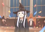  1girl :3 absurdres albus_dumbledore blurry blurry_background closed_eyes confetti crossover elf frieren harry_potter_(series) hat highres indoors kaai_yuu long_hair necktie pointy_ears solo_focus sorting_hat sousou_no_frieren trait_connection twintails white_hair witch_hat wizarding_world 