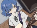  1girl bass_guitar black_undershirt blue_hair bocchi_the_rock! closed_mouth collared_shirt fender_precision_bass highres instrument kurage_yamanasi layered_sleeves long_sleeves looking_down playing_bass school_uniform shimokitazawa_high_school_uniform shirt short_hair short_over_long_sleeves short_sleeves skirt solo white_shirt yamada_ryo yellow_eyes 