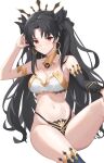  1girl absurdres arm_up bare_shoulders black_hair black_thighhighs breasts chinese_commentary cleavage closed_mouth collarbone commentary_request earrings fate/grand_order fate_(series) highres hoop_earrings ishtar_(fate) jewelry knee_up long_hair looking_at_viewer medium_breasts navel nixo_(gugunico) parted_bangs red_eyes simple_background single_thighhigh smile solo thighhighs two_side_up very_long_hair white_background 