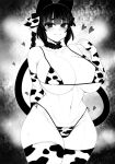 1girl animal_ears animal_print blunt_bangs blush braid breasts cat_ears cat_girl cat_tail cleavage closed_mouth commentary_request cow_ears cow_print elbow_gloves extra_ears gloves greyscale groin haseru_(ginku_mh) heart huge_breasts kaenbyou_rin looking_at_viewer monochrome multiple_tails navel nekomata pointy_ears short_hair solo tail thighhighs touhou two_tails 