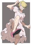  1boy annoyed blonde_hair bloomers blue_eyes chibisuke clenched_hands clenched_teeth commentary_request cropped_legs crossdressing curly_eyebrows dress eyeshadow facial_hair frills high_heels kicking leg_hair lipstick looking_down makeup male_focus nail_polish one_eye_covered one_piece partial_commentary pink_dress purple_eyeshadow red_nails sanji_(one_piece) short_hair simple_background stubble sweatdrop teeth 