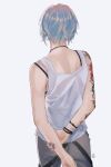  1girl arm_tattoo arms_behind_back back back_focus blue_hair blue_nails bracelet chloe_price denim flower_tattoo from_behind highres jeans jewelry jokemato life_is_strange necklace pants shoulder_blades signature tank_top tattoo white_background white_tank_top 