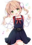  1girl :d ahoge backpack bag belt belt_buckle black_dress blonde_hair blunt_bangs blush bow bowtie brown_footwear buckle cowboy_shot dress eyebrows_hidden_by_hair green_eyes hands_up head_tilt highres indie_virtual_youtuber long_hair nanami_ayane_(kusunoki5050) open_mouth outstretched_arms pinafore_dress pleated_skirt red_ribbon ribbon shigure_ui_(vtuber) shirt simple_background skirt sleeveless sleeveless_dress smile standing standing_on_one_leg suspender_skirt suspenders twintails virtual_youtuber white_shirt 