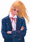  1girl 637_00e_seran blazer blonde_hair blue_jacket blue_skirt borrowed_clothes bow bowtie chain closed_mouth clothes_writing crossed_arms earrings floating_hair genderswap genderswap_(mtf) hair_behind_ear head_tilt highres hunter_x_hunter jacket jewelry kurapika long_hair long_sleeves looking_at_viewer multiple_rings official_alternate_hairstyle photo-referenced pleated_skirt red_bow red_bowtie ring round_eyewear shirt simple_background skirt smile solo striped_clothes striped_shirt sunglasses vertical-striped_clothes vertical-striped_shirt white_background white_shirt yellow_eyes 