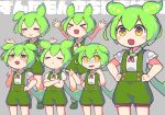  &gt;_&lt; 1girl :&gt; :&lt; animal_ears blush blush_stickers chibi closed_eyes crossed_arms finger_gun green_hair green_shorts green_suspenders grey_background hand_on_own_hip hand_on_own_shoulder hand_up hands_up low_ponytail multiple_views open_mouth puffy_short_sleeves puffy_sleeves sakamoto_ahiru shaded_face shirt short_hair short_sleeves shorts shrugging smile suspender_shorts suspenders text_background voiceroid voicevox white_shirt yellow_eyes zundamon 