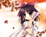  artist_request autumn_leaves black_hair blush brown_eyes collarbone detached_sleeves expressionless hakurei_reimu holding leaf long_sleeves looking_at_viewer ofuda outdoors plant ribbon-trimmed_sleeves ribbon_trim short_hair sidelocks solo source_request touhou tree upper_body 