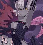 1girl armpits arms_up bare_shoulders black_dress breasts choker cleavage collarbone colored_skin detached_sleeves dress fate/grand_order fate_(series) glasses grey_hair grey_skin horns jacques_de_molay_(foreigner)_(fate) jacques_de_molay_(foreigner)_(third_ascension)_(fate) large_breasts looking_at_viewer moruka_(karupattyo03) short_dress short_hair skull solo yellow_eyes 