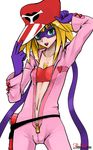  bandeau belt blonde_hair bodysuit center_opening flat_chest gloves green_eyes hat heart jewelry kaminari_ai mask navel necklace pink_bodysuit solo tatsunoko_pro time_bokan_(series) unzipped utility_belt yamamoto_canponi yatterman 