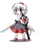  animal_ears belt chibi gatling_gun grey_eyes gun hat inubashiri_momiji long_skirt mary_janes r_pascal shield shoes silver_hair skirt socks solo sword tail tokin_hat touhou weapon wolf_ears wolf_tail 