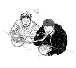  2boys ^_^ aikawa_(dorohedoro) artist_request backwards_hat baseball_cap black_hair blonde_hair blush bowl chopsticks closed_eyes colored_tips couple dorohedoro eating facial_mark food food_theft greyscale hat holding holding_chopsticks looking_to_the_side male_focus monochrome multicolored_hair multiple_boys no_eyebrows noodles risu_(dorohedoro) thick_eyebrows upper_body yaoi 