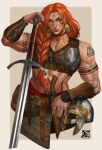  1girl abs barbarian belt black_nails border bracer choker earrings facial_tattoo freckles greatsword helmet highres jewelry knife long_braid looking_at_viewer muscular muscular_female necklace original pouch red_hair ring skirt soffa solo sword tank_top tattoo weapon white_border yellow_eyes 