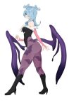  absurdres aqua_eyes ass bare_shoulders blue_hair bridal_gauntlets confused_alif cosplay elira_pendora full_body hair_over_one_eye head_wings high_heels highres long_hair looking_at_viewer low_wings morrigan_aensland morrigan_aensland_(cosplay) nijisanji nijisanji_en pantyhose simple_background smile vampire_(game) virtual_youtuber white_background wings 