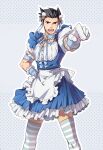  1boy ace_attorney alternate_costume apron black_eyes black_hair blue_background blue_dress collar commentary crossdressing dress enmaided feet_out_of_frame frilled_apron frilled_collar frilled_dress frills hair_ornament hand_on_own_hip highres linjie looking_at_viewer maid maid_apron open_mouth outstretched_arm phoenix_wright pointing pointing_at_viewer puffy_short_sleeves puffy_sleeves short_sleeves solo spiked_hair straight-on striped_clothes striped_thighhighs sweat thighhighs white_apron 