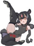  1girl animal_ears aye-aye_(kemono_friends) bare_shoulders black_dress black_hair black_thighhighs china_dress chinese_clothes dress extra_ears highres kemono_friends kunikuni_(kunihiro2005) long_hair looking_at_viewer monkey_girl monkey_tail ninja red_eyes shoes shuriken simple_background solo tail thighhighs weapon 