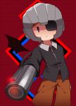  0mzum1 1boy arm_cannon bat_wings black_shirt black_wings blue_eyes brown_pants closed_mouth collared_shirt commentary_request detached_wings expressionless eyepatch grey_headwear helmet long_sleeves looking_at_viewer male_focus masked_man_(mother_3) mother_(game) mother_3 one_eye_covered orange_hair pants red_background shirt short_hair simple_background single_wing solo weapon wing_collar wings zipper_pull_tab 